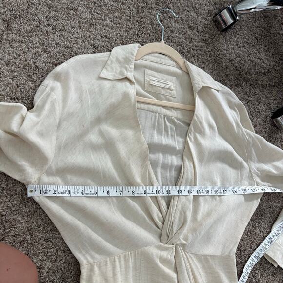 By Anthropologie V-Neck Knot Front Linen Midi Dress 6P Cream Minimalist Neutral - Picture 12 of 13